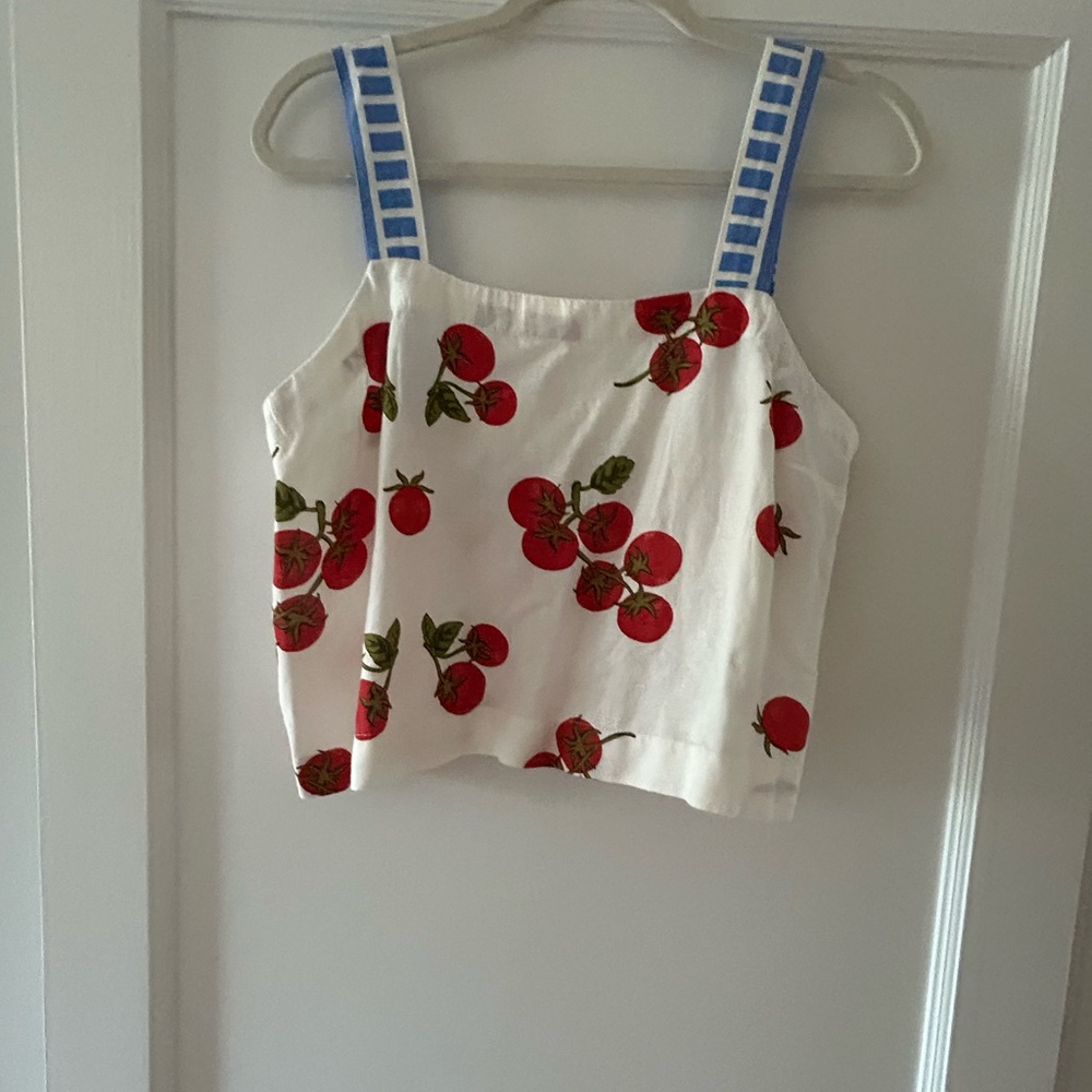 White Boxy Crop Top with Tomato Print